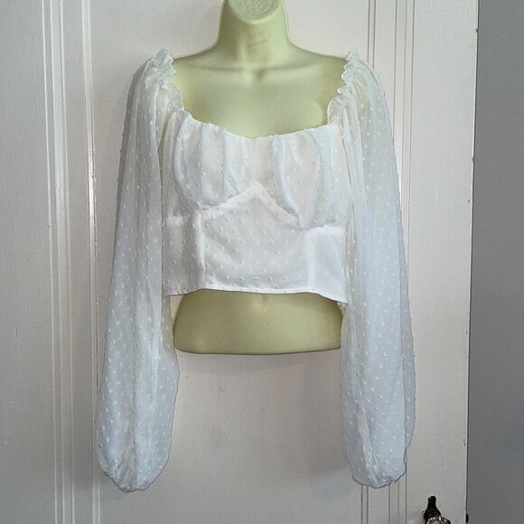 SHEIN white dotted Swiss long sleeved cropped cottage core blouse - Picture 1 of 9